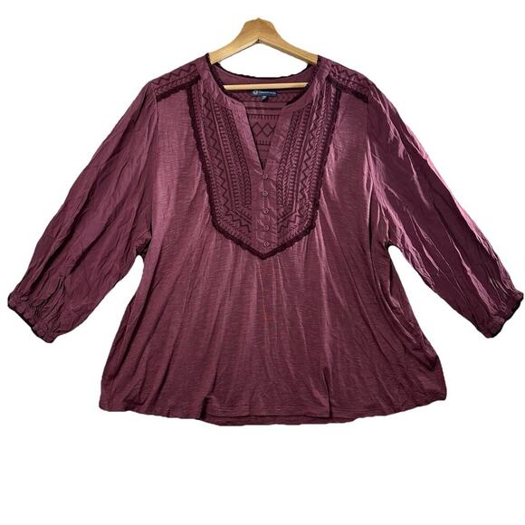 Democracy Blouse Top Womens 3X Popover Embroidered Mixed Media Boho Romantic - Picture 1 of 14